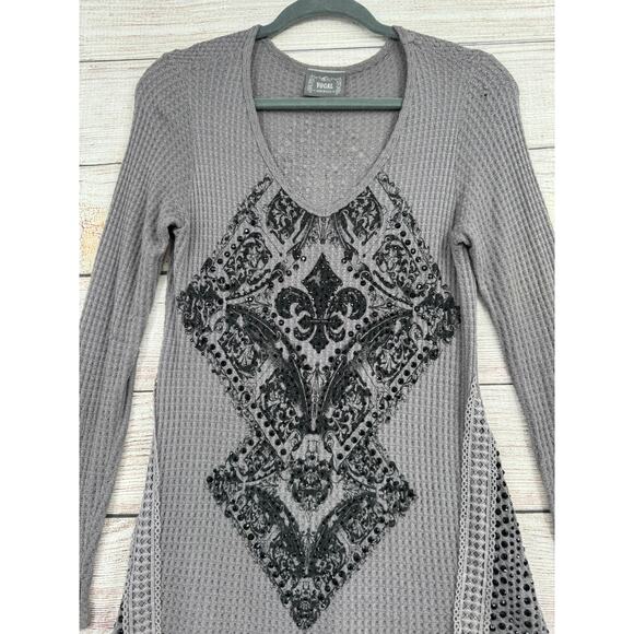 Vocal Embellished Fleur De Lis Print Thermal Shirt Womens Small Gray Waffle Knit - Picture 3 of 10